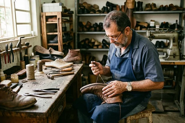 Reforma de sapatos antigos, evidenciando a prática sustentável.
