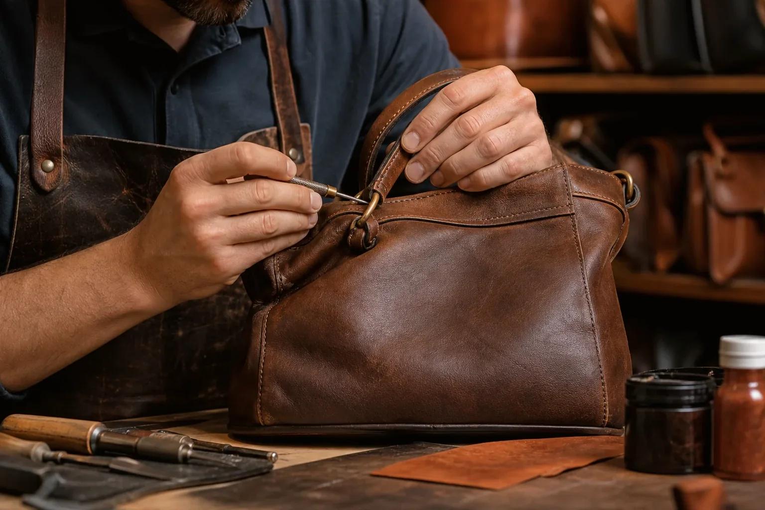 Sapateiro realizando reforma em uma bolsa de couro, mostrando os materiais e ferramentas.